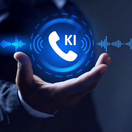 Illustration eines Telefonhörers mit Tonspur, Audiowellen und dem Wort "KI" über einer Hand eines Inhabers